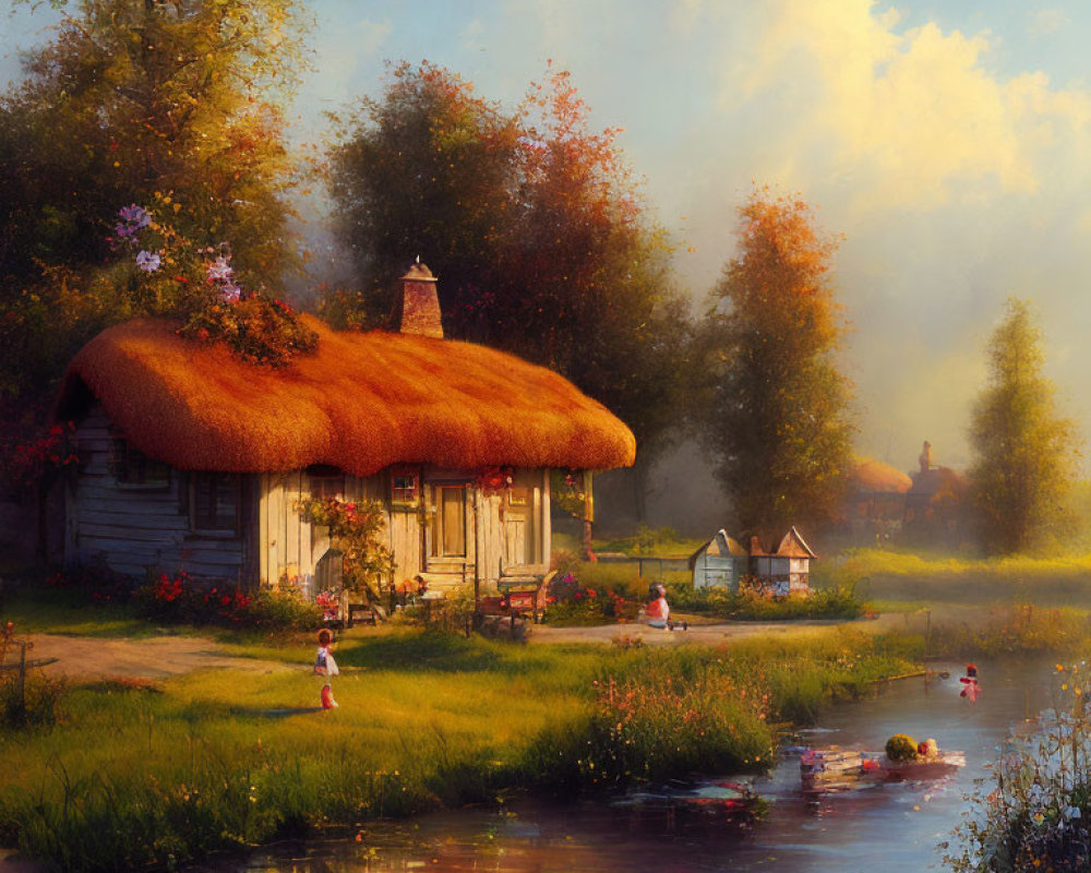 Thatched-Roof Cottage by Serene River with Ducks and Lush Greenery