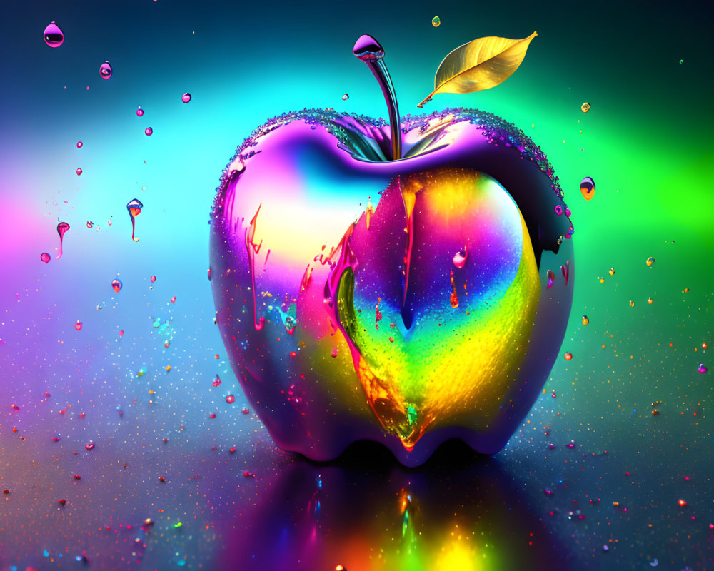 Colorful Heart-Shaped Apple with Metallic Sheen on Rainbow Background