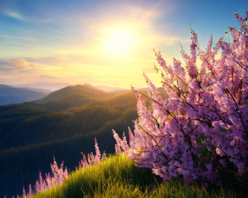 Scenic sunset over hilly landscape with pink blooming trees