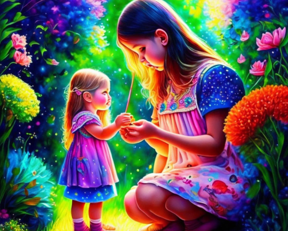 Colorful illustration of young girl giving flower to toddler in vibrant garden