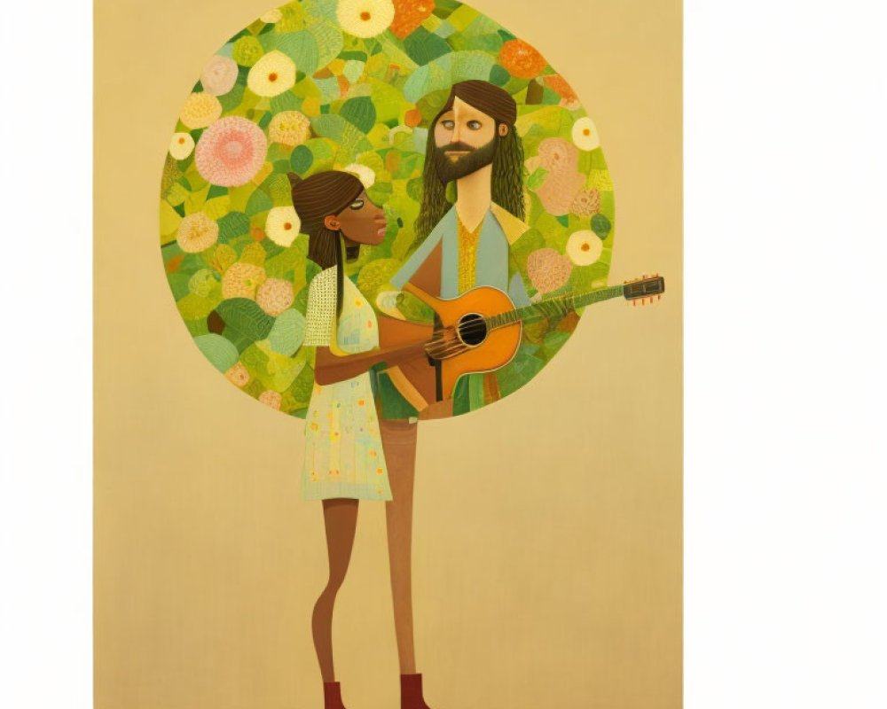 Bearded man playing guitar with woman in floral setting