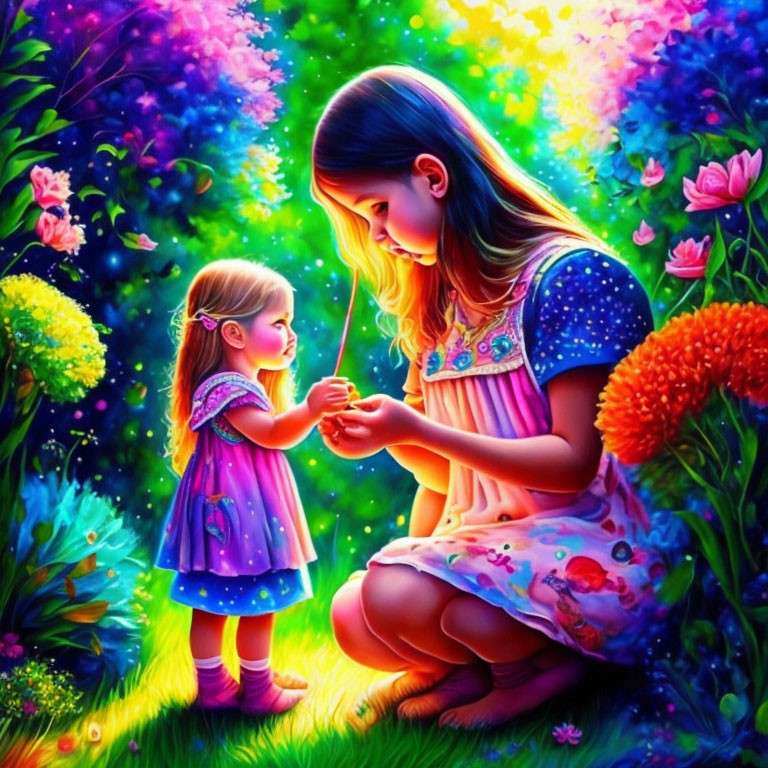 Colorful illustration of young girl giving flower to toddler in vibrant garden