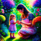 Colorful illustration of young girl giving flower to toddler in vibrant garden