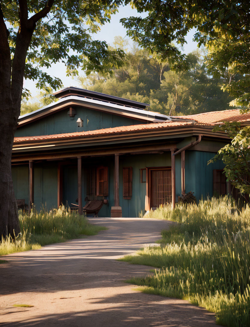 Tranquil blue house with porch, bench, and lush greenery