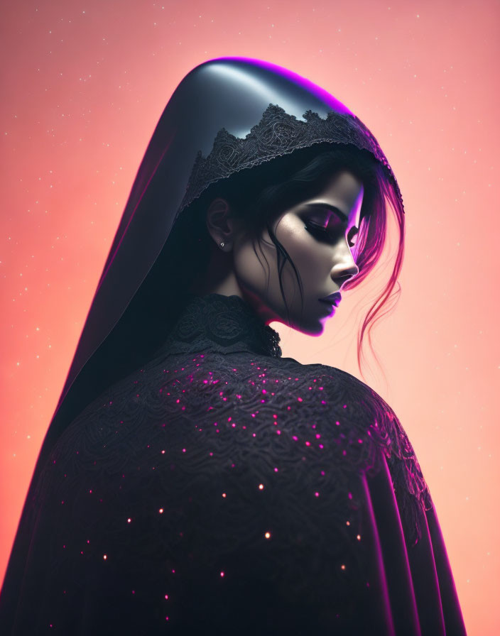 Mysterious Figure in Dark Lace Cloak on Neon Pink Background