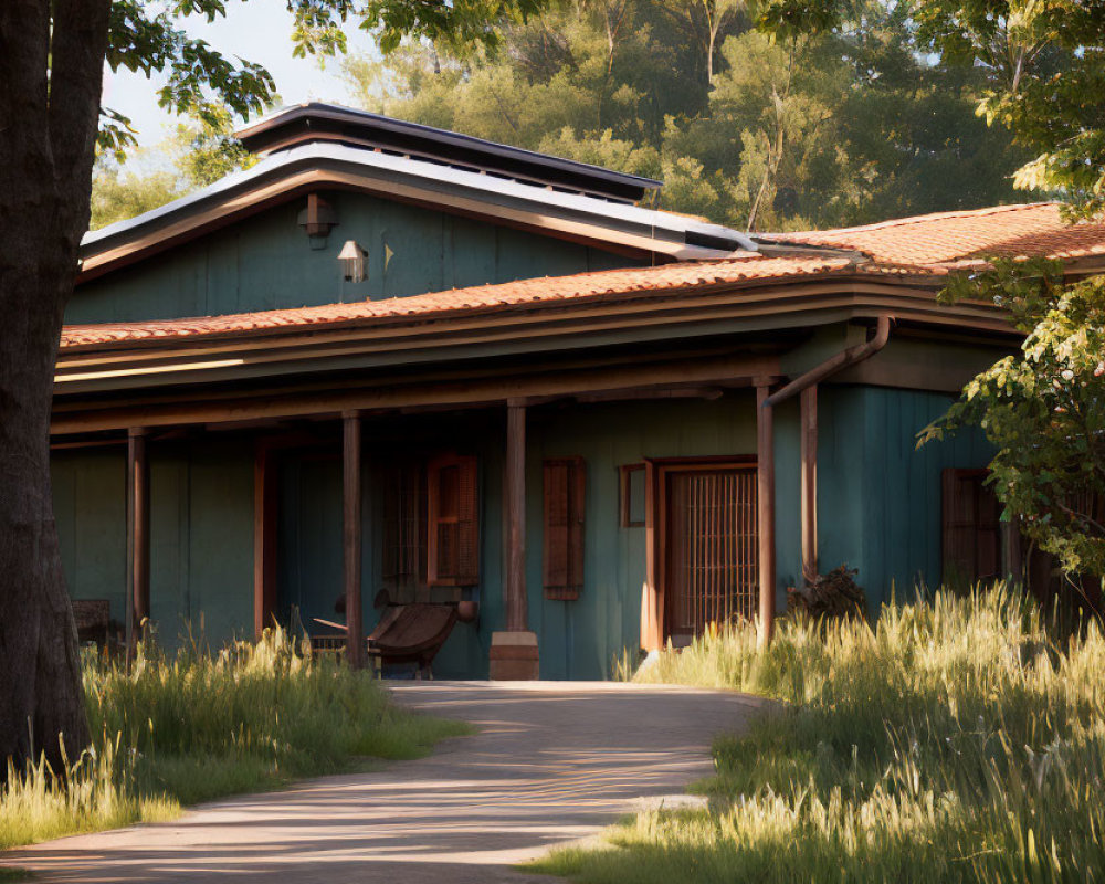 Tranquil blue house with porch, bench, and lush greenery