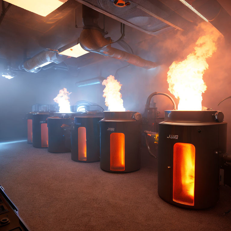 Industrial Room with Orange Furnaces Emitting Flames and Smoke