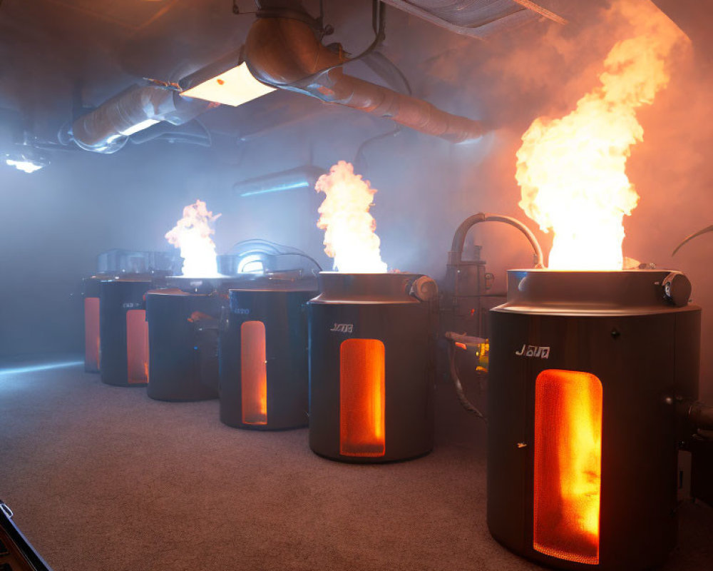 Industrial Room with Orange Furnaces Emitting Flames and Smoke