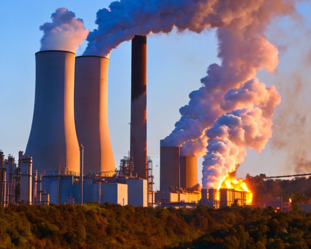 Industrial Plant Sunset Scene with Smokestacks Emitting Smoke and Steam