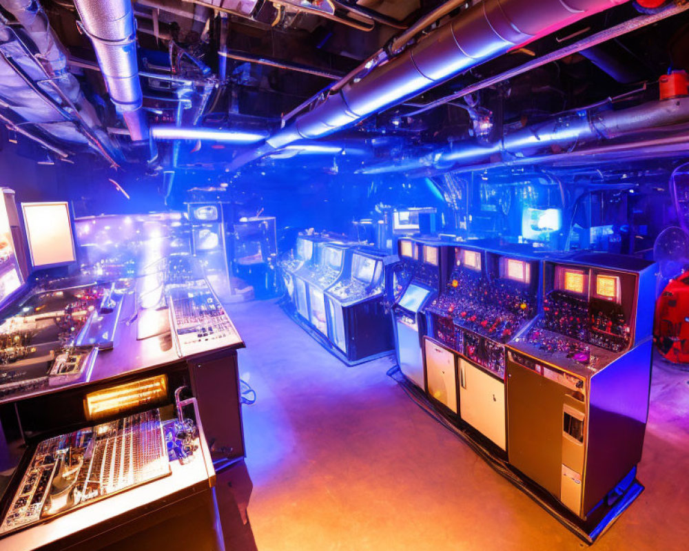 Modern control room with illuminated panels and screens in blue and purple lights