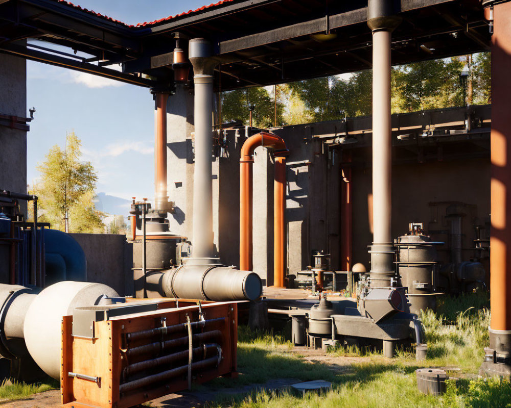 Industrial Outdoor Scene with Pipes, Tanks, and Metal Structures