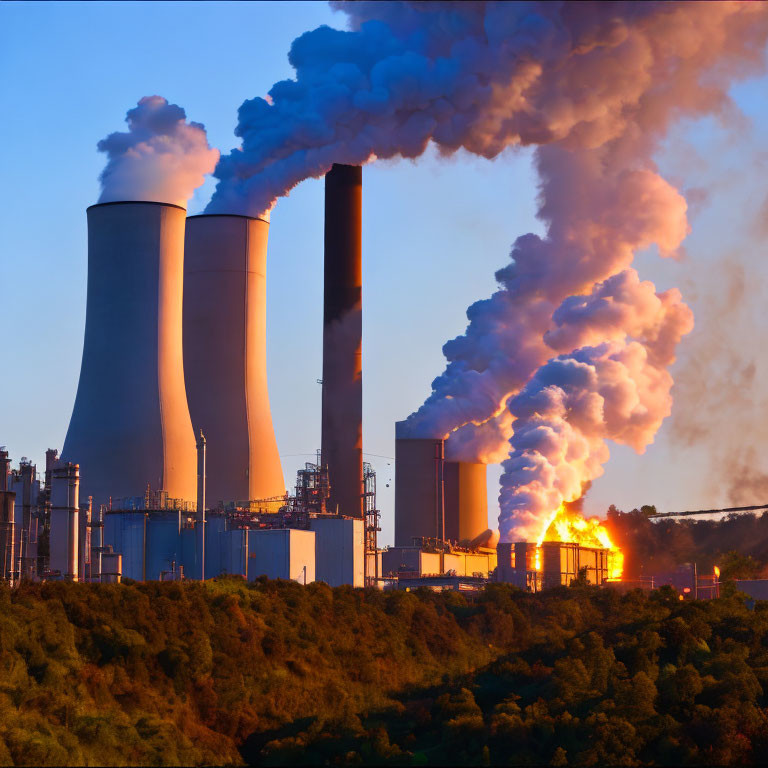 Industrial Plant Sunset Scene with Smokestacks Emitting Smoke and Steam