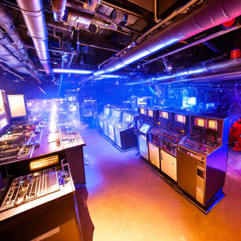 Modern control room with illuminated panels and screens in blue and purple lights