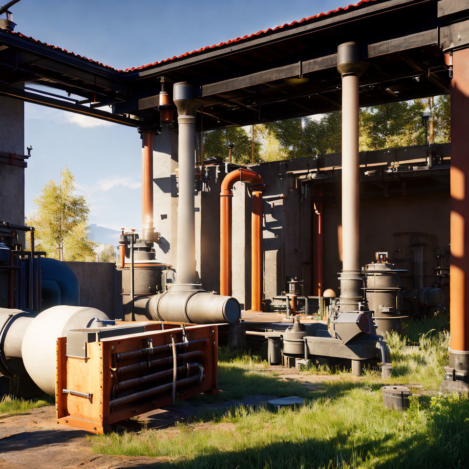 Industrial Outdoor Scene with Pipes, Tanks, and Metal Structures