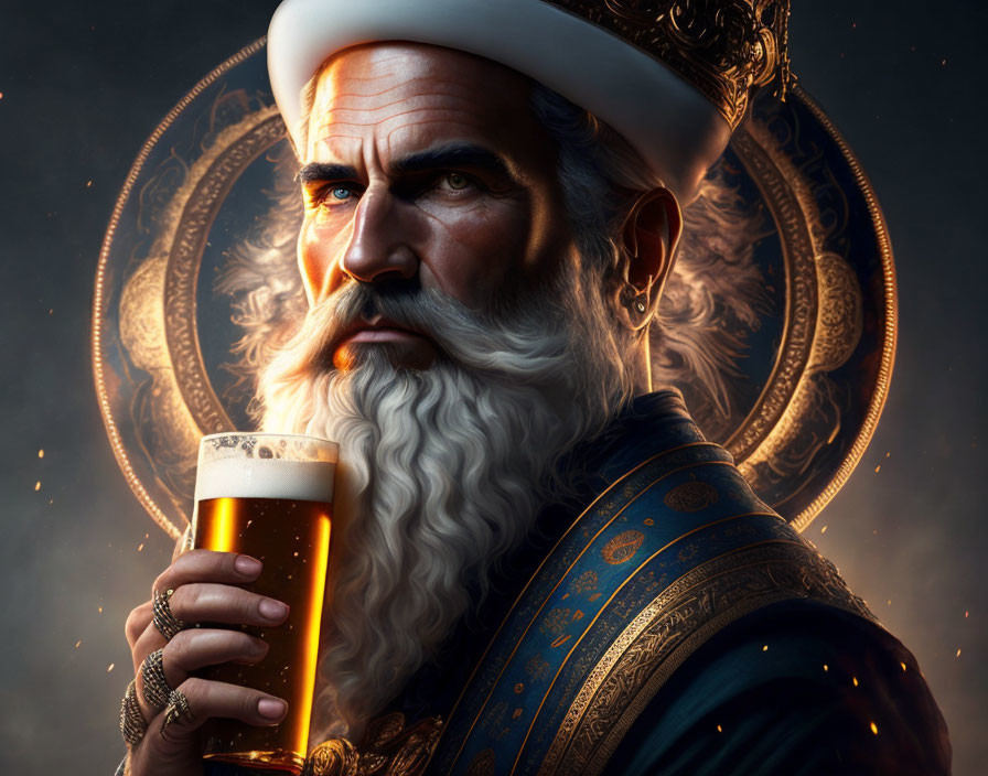 Regal older man with white beard holding beer glass on ornate dark background