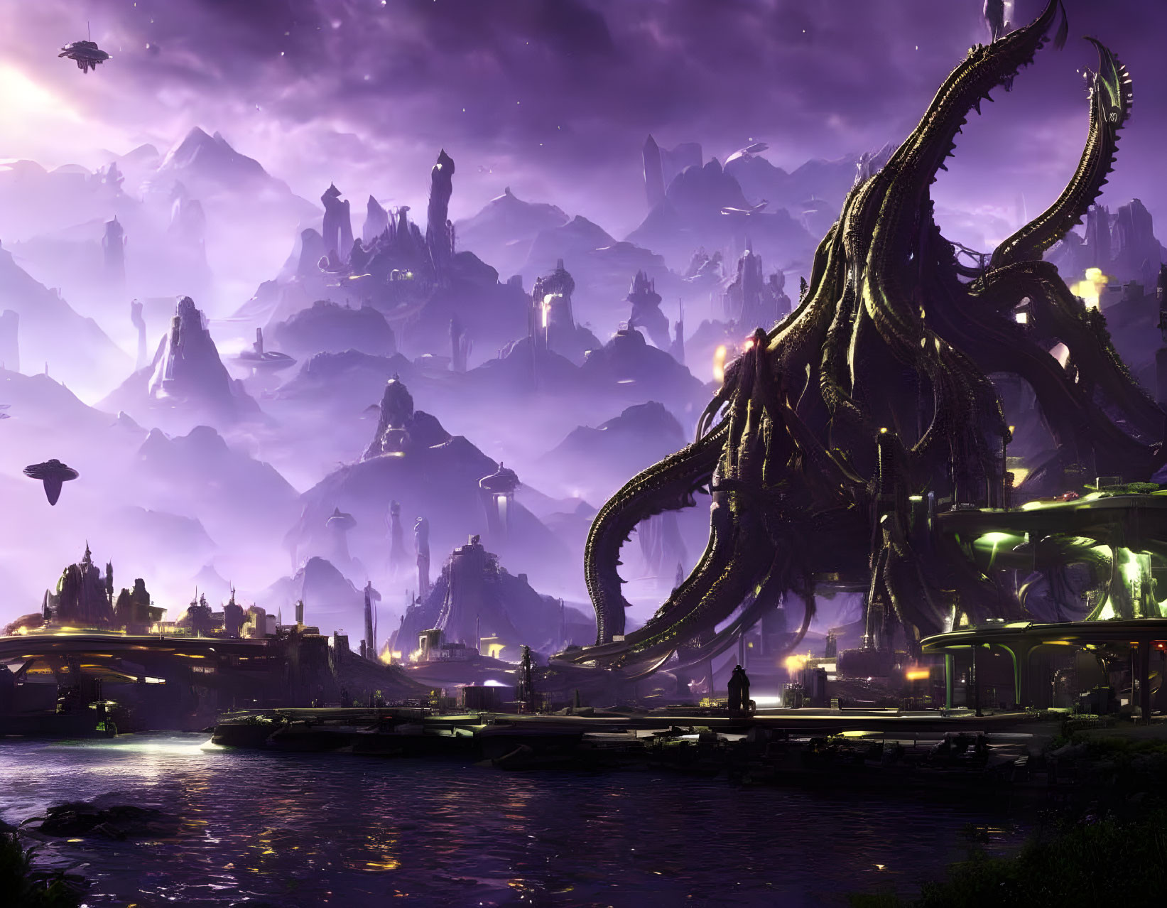 Futuristic dusk scene with alien architecture, tentacled creature, and flying vehicles.