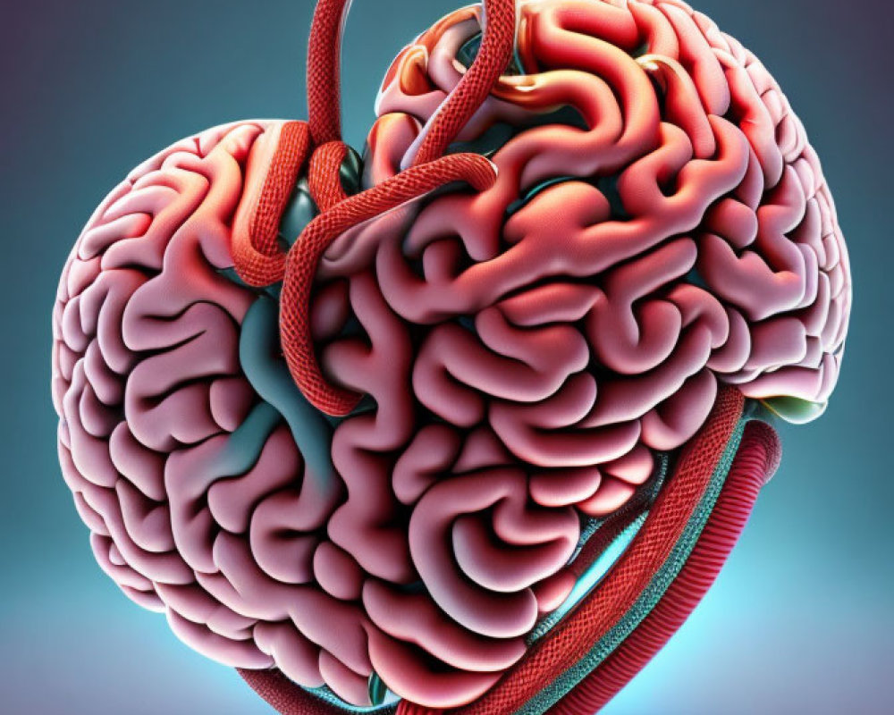 Human brain heart shape with red veins on purple-blue background