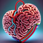 Human brain heart shape with red veins on purple-blue background