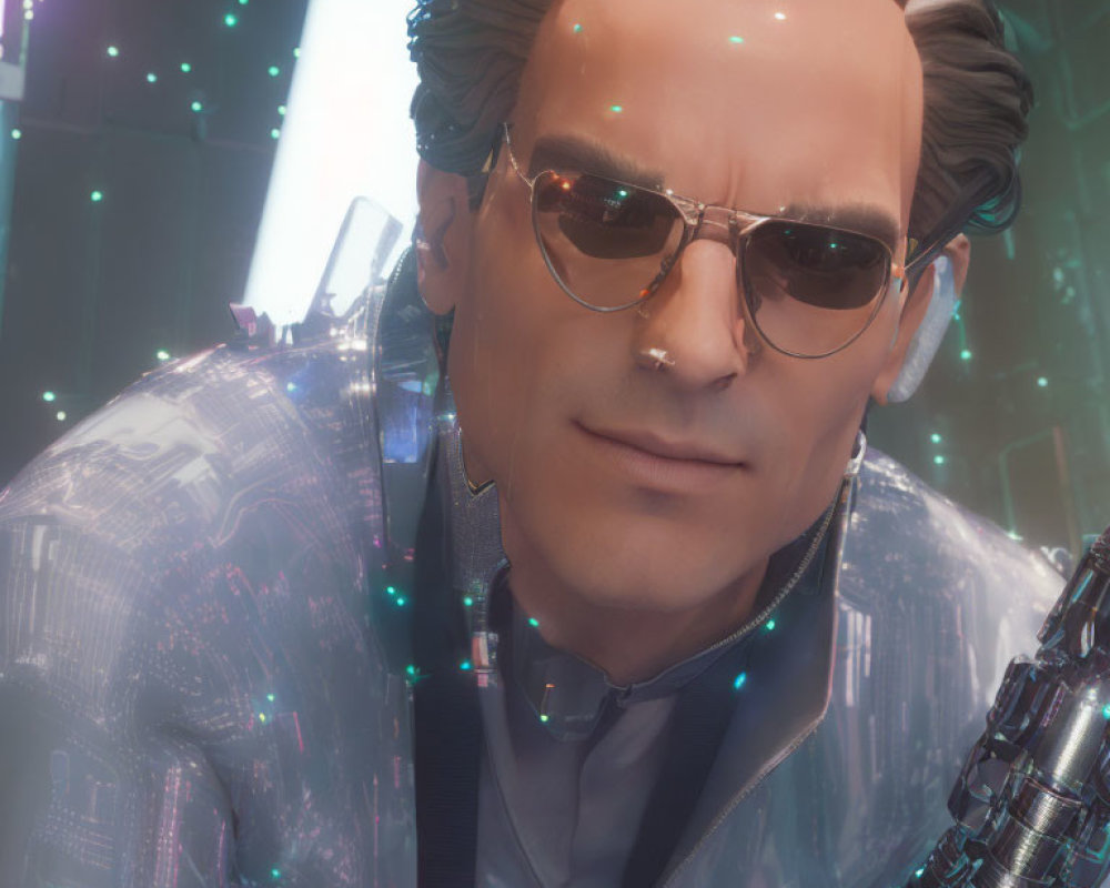 CG image of man with silver hair in futuristic suit & sunglasses on neon-lit background