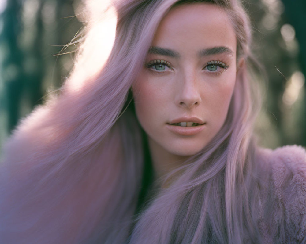 Portrait of Woman with Pastel Pink Hair and Green Eyes in Sunlit Forest