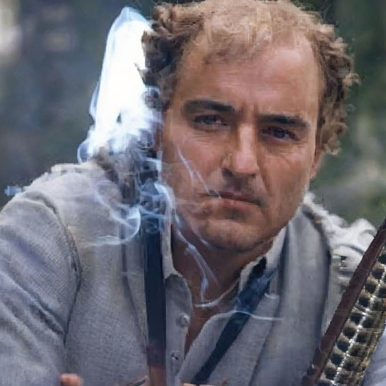 Curly Haired Man Smoking Cigarette in Light Shirt with Contemplative Expression