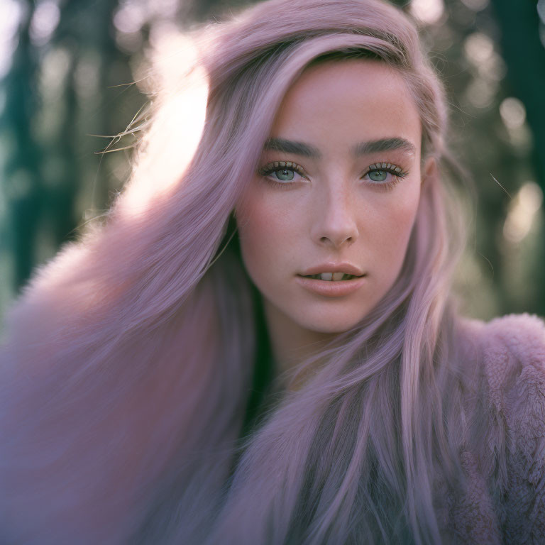 Portrait of Woman with Pastel Pink Hair and Green Eyes in Sunlit Forest