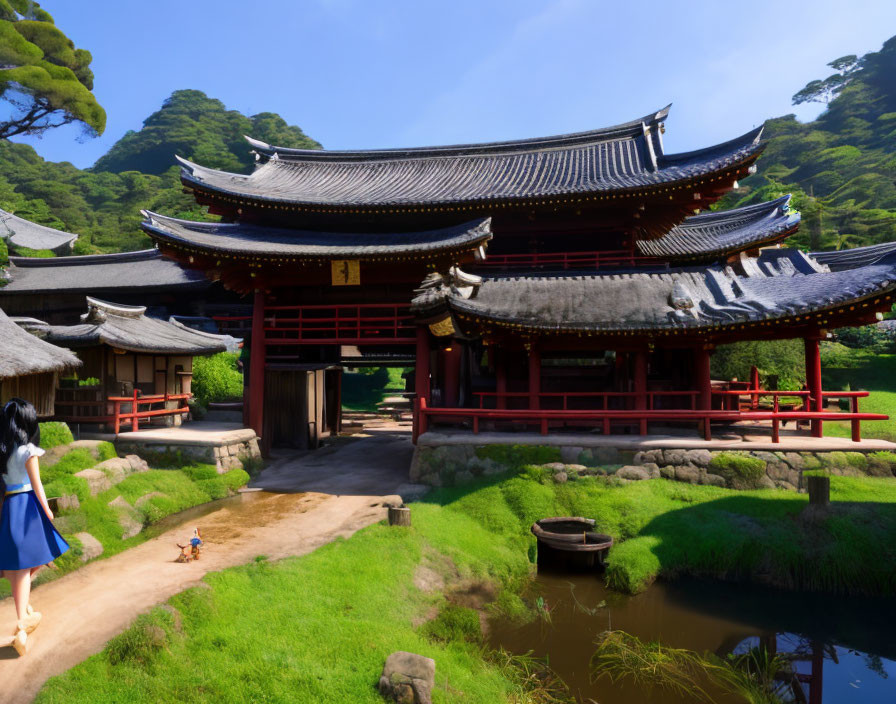 Girl in Blue Dress Observing Asian Temple in Green Landscape