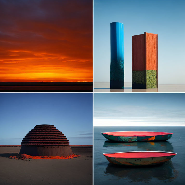 Scenes of Orange Sunset, Textured Columns, Dome Structure, and Colorful Boats