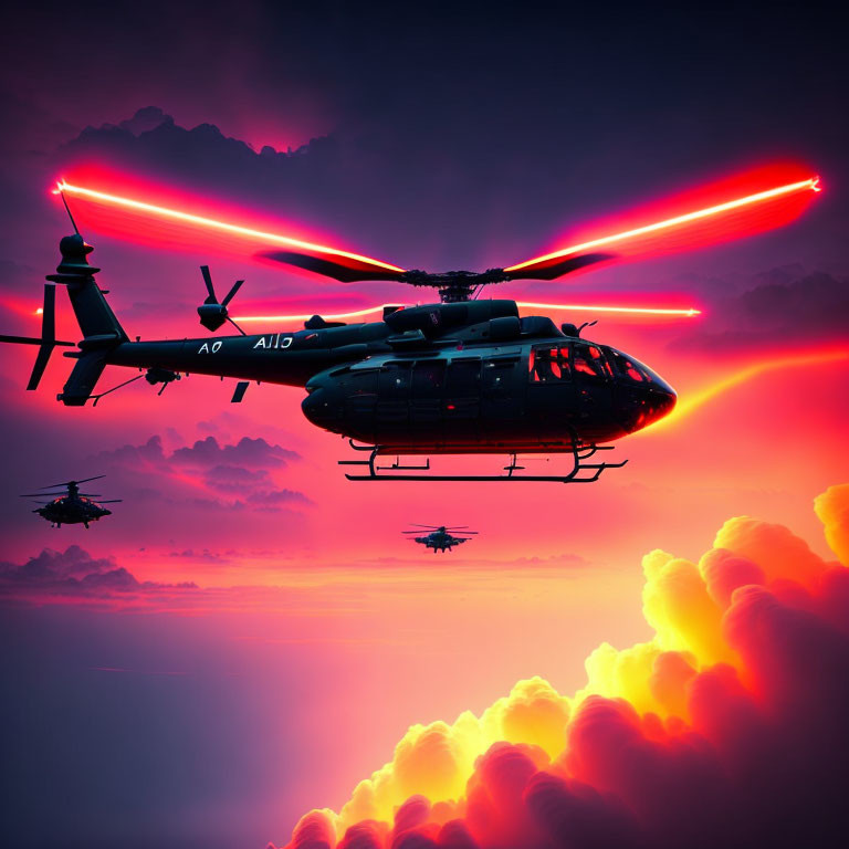 Vibrant Helicopters Flying at Sunset with Dramatic Sky