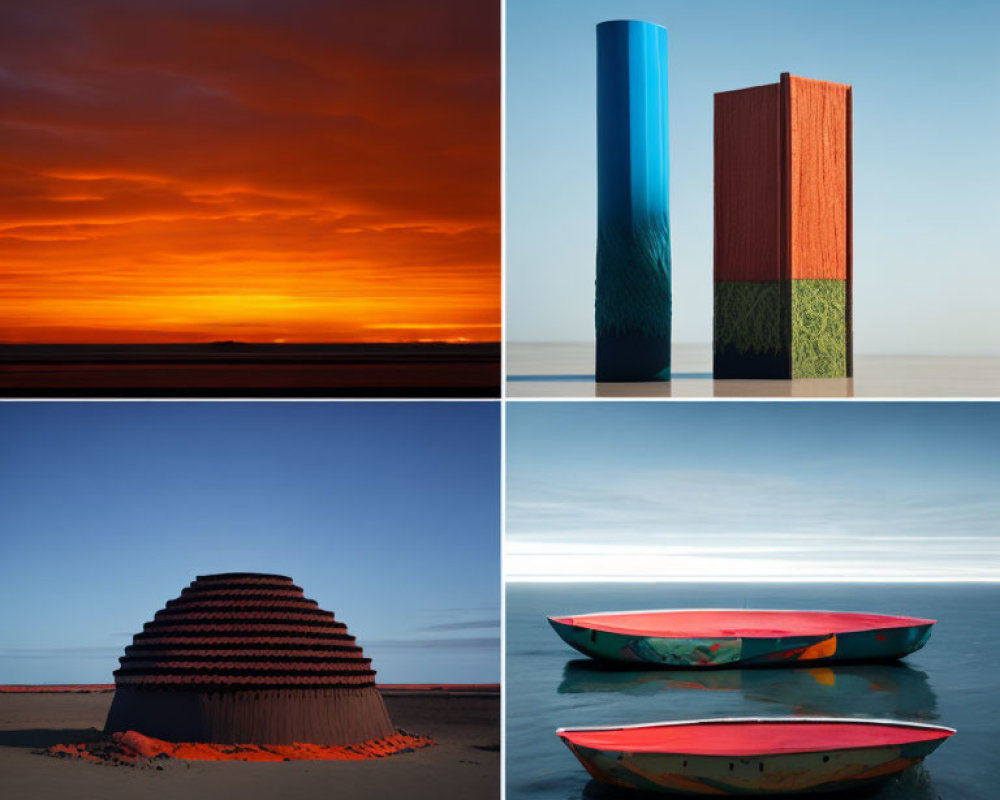 Scenes of Orange Sunset, Textured Columns, Dome Structure, and Colorful Boats