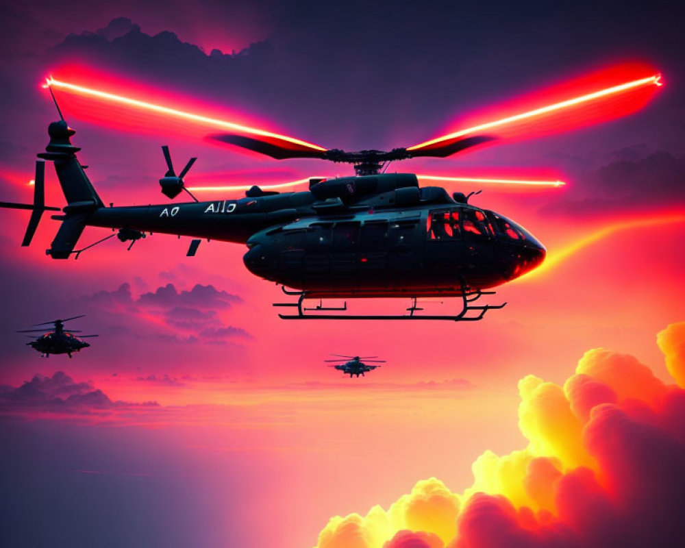 Vibrant Helicopters Flying at Sunset with Dramatic Sky