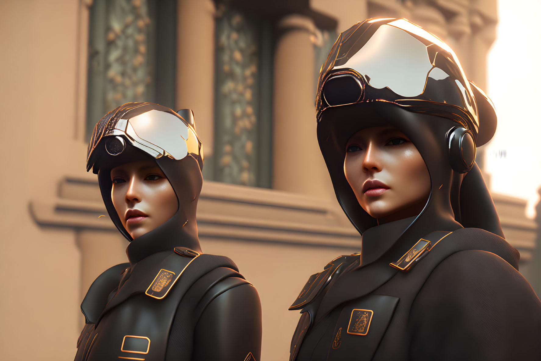 Futuristic black and gold uniformed individuals in architectural setting