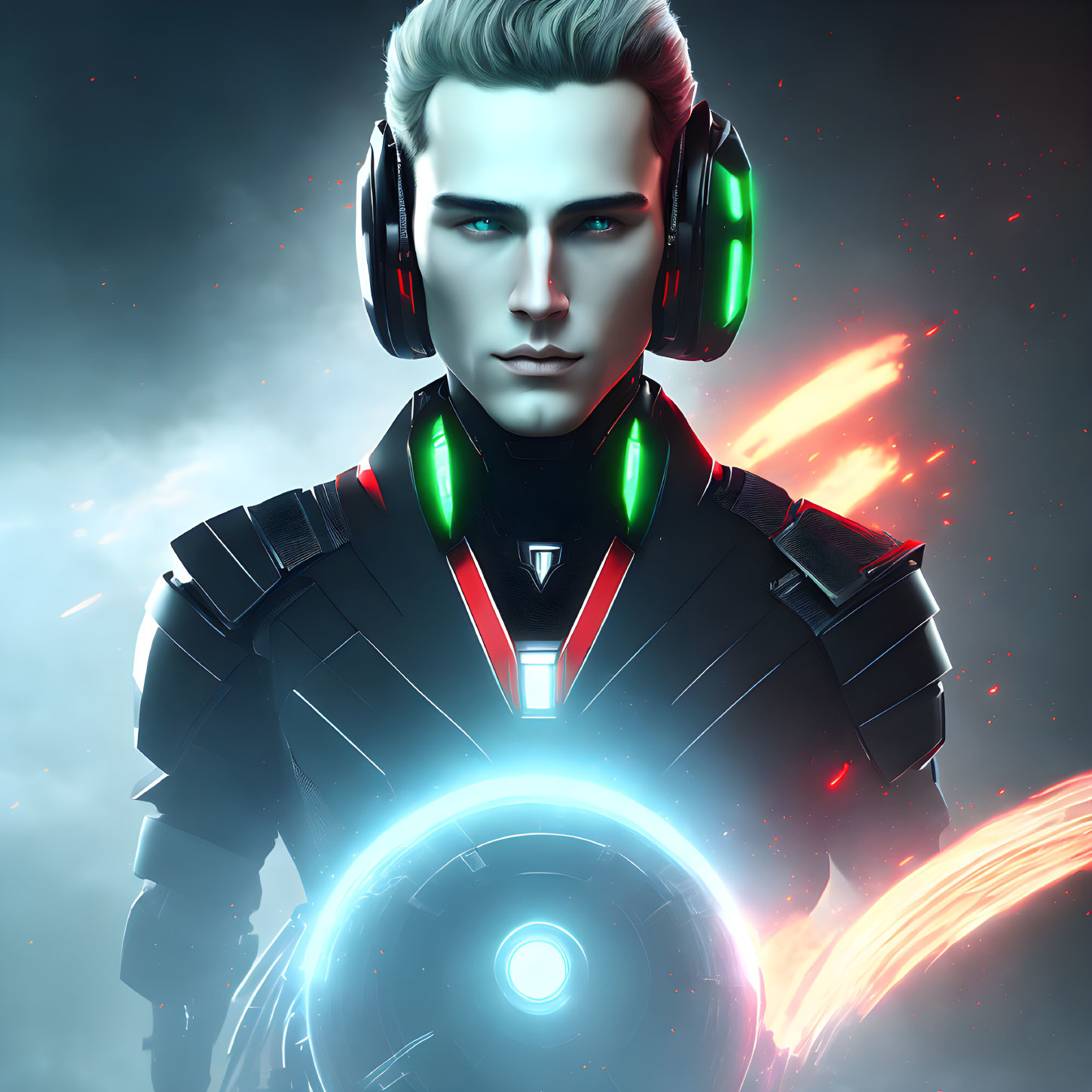Futuristic male figure in high-tech suit with glowing blue eyes and headphones against red sparks background