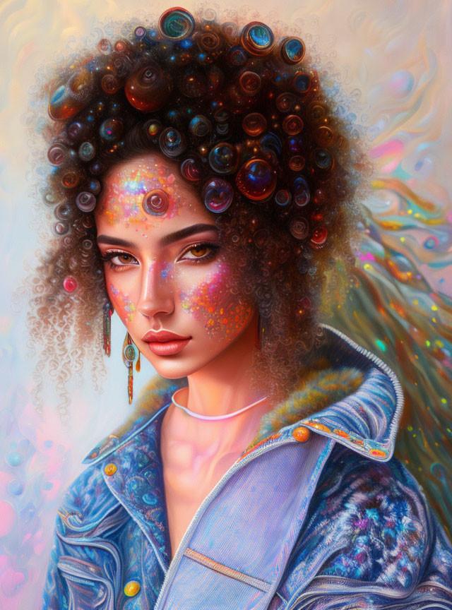 Colorful Bubble Hair Portrait with Freckled Face and Denim Jacket