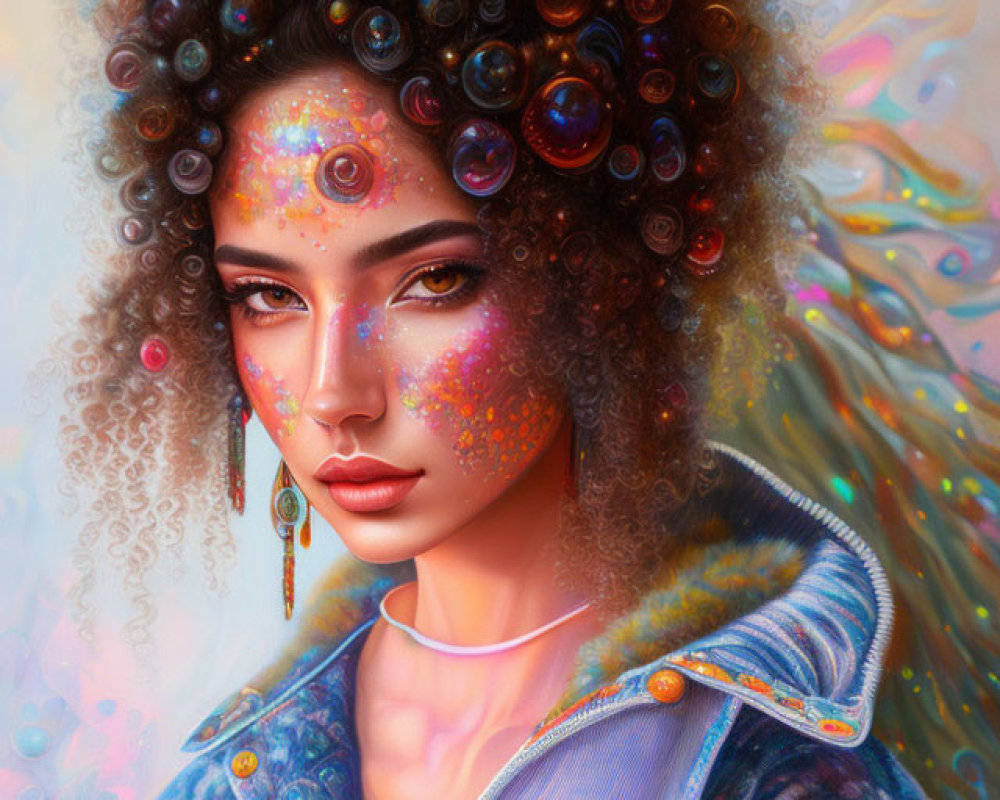 Colorful Bubble Hair Portrait with Freckled Face and Denim Jacket