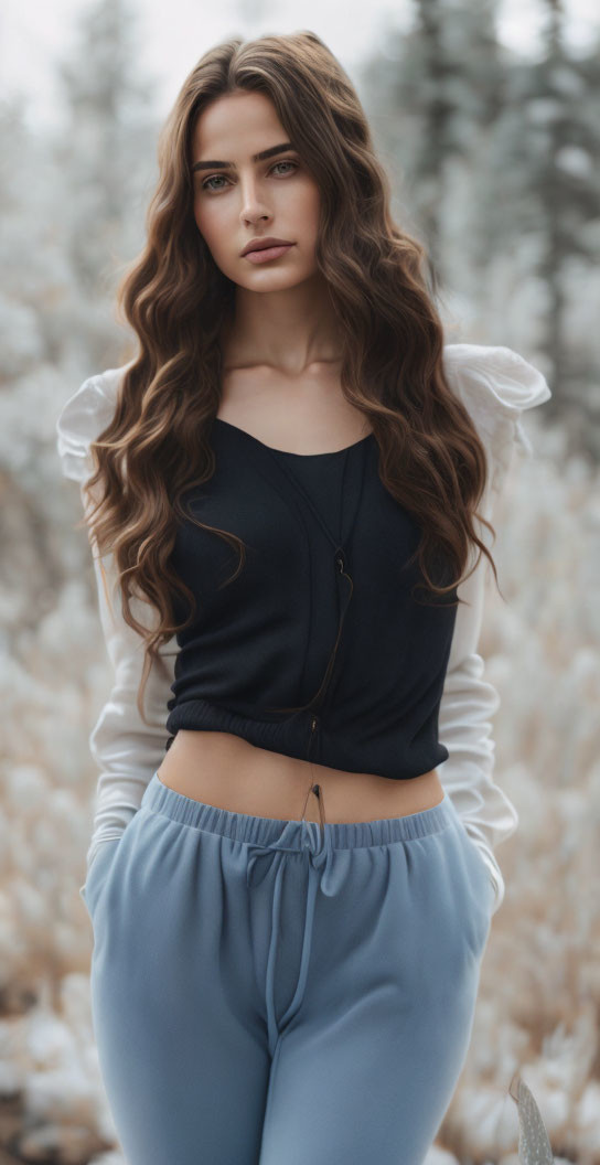 Woman with Long Wavy Hair in Wintry Forest Wearing Dark Top and Light Blue Pants