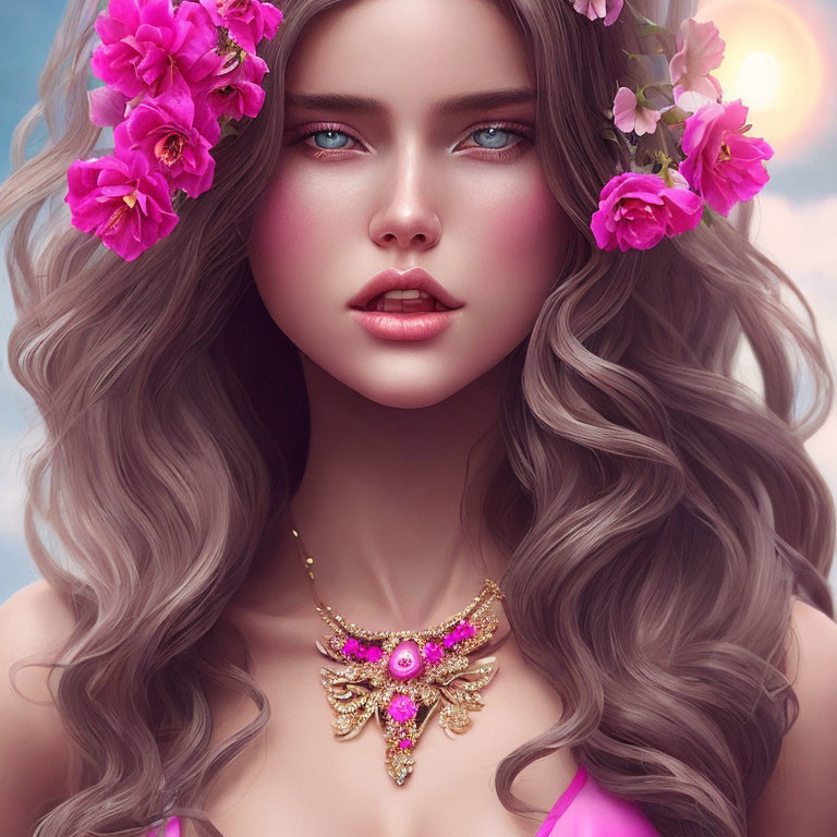 Woman portrait with blue eyes, wavy hair, pink flowers, and gemstone necklace under cloudy sky