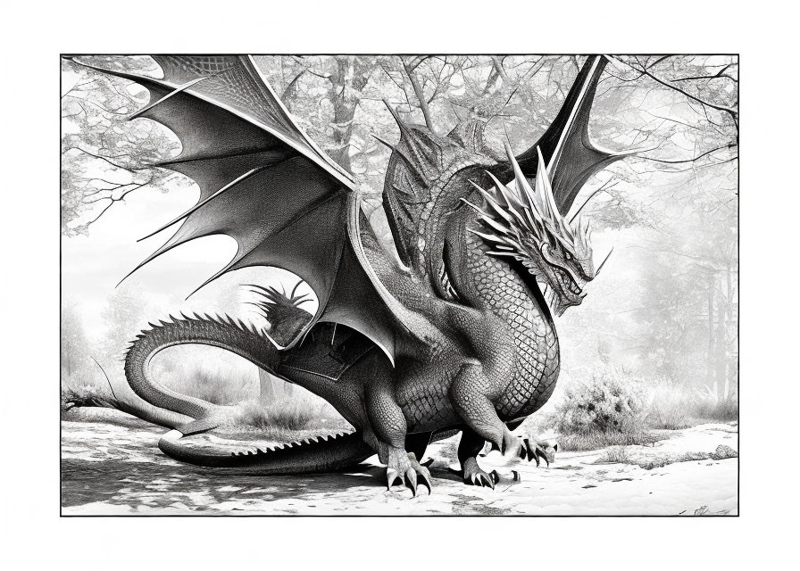 Detailed black and white dragon drawing in misty forest