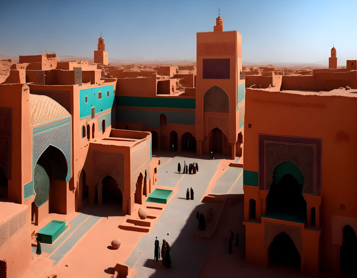 Traditional desert town square with ornate doors and clear blue sky