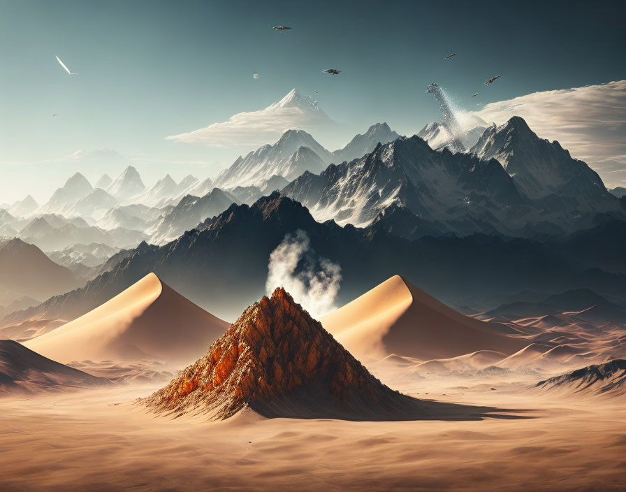 Surreal desert landscape with dunes, volcano, mountains, and futuristic ships