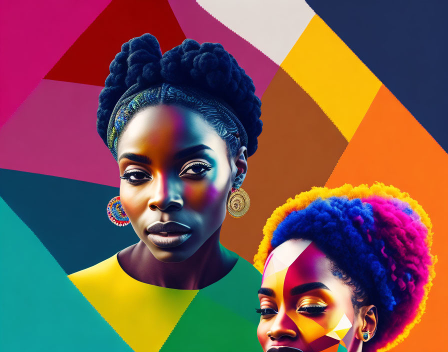 Colorful digital artwork: Two women with African hairstyles on geometric backdrop