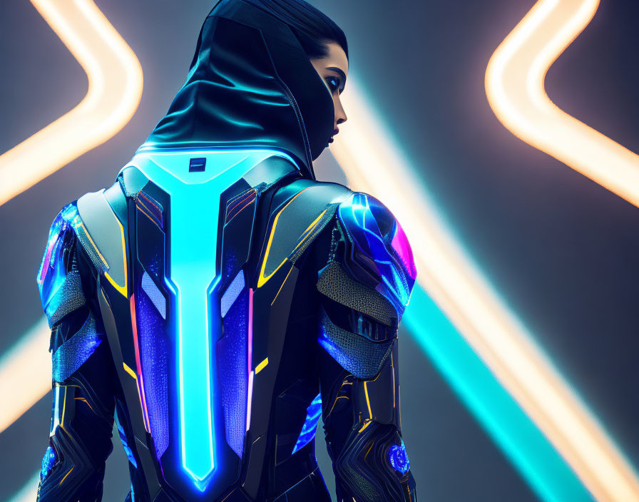 Futuristic armored figure with neon lighting in sci-fi setting