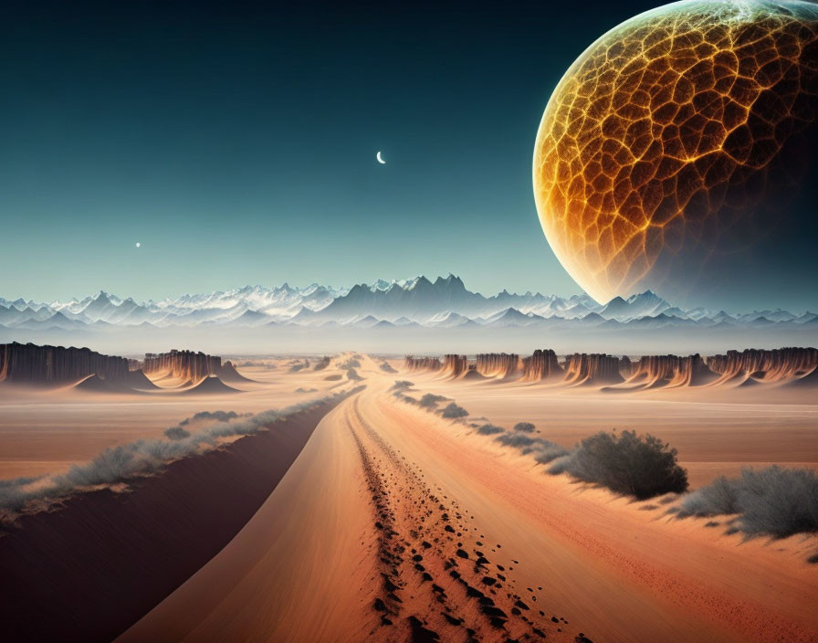 Surreal desert landscape with cracked planet, sand dunes, mountains, and lone path