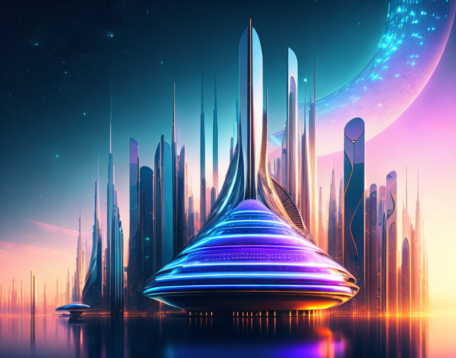 Futuristic cityscape with illuminated towers and starry sky