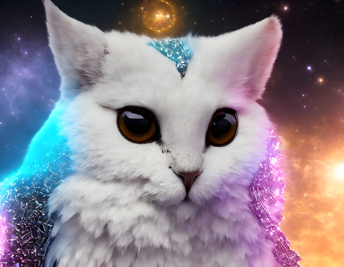 Cosmic-themed white cat digital artwork with golden eyes and crystal crown