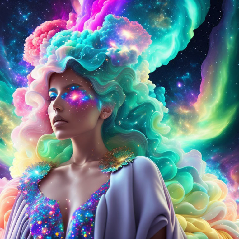 Vibrant galaxy-themed hair on woman in surreal portrait