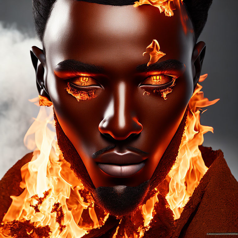 Digital art portrait featuring person with glowing orange eyes, molten lava skin, and integrated flames.