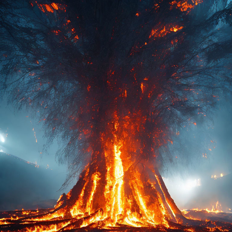 Burning tree surrounded by glowing lava and flames at night