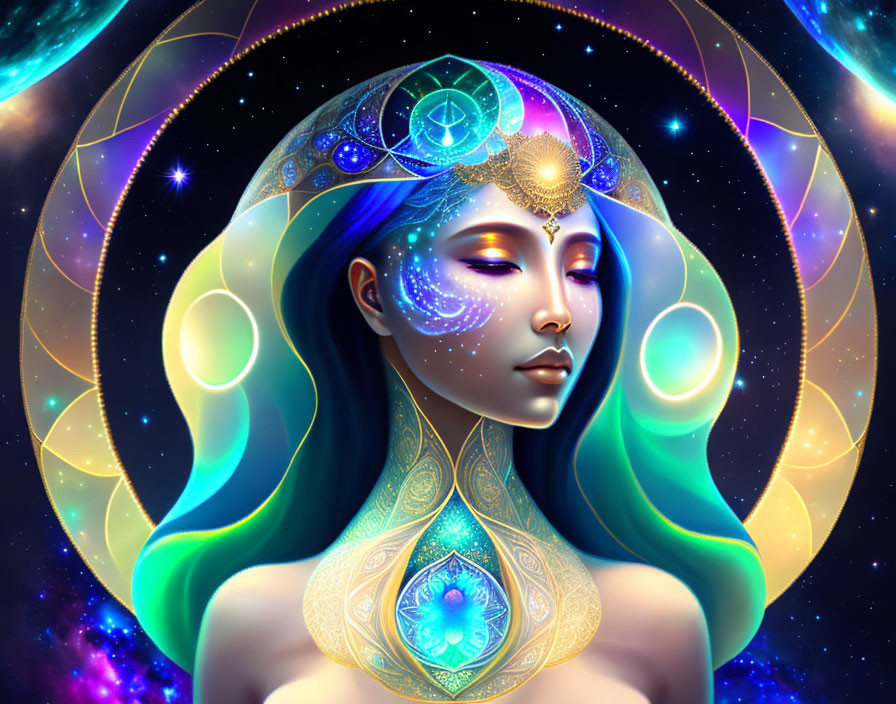 Illustration: Woman with Gold Headpiece, Celestial Motifs, Vibrant Colors on Starry