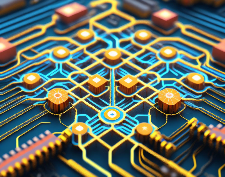 Blue Circuit Board with Gold Connections and Geometric Shapes in 3D Illustration